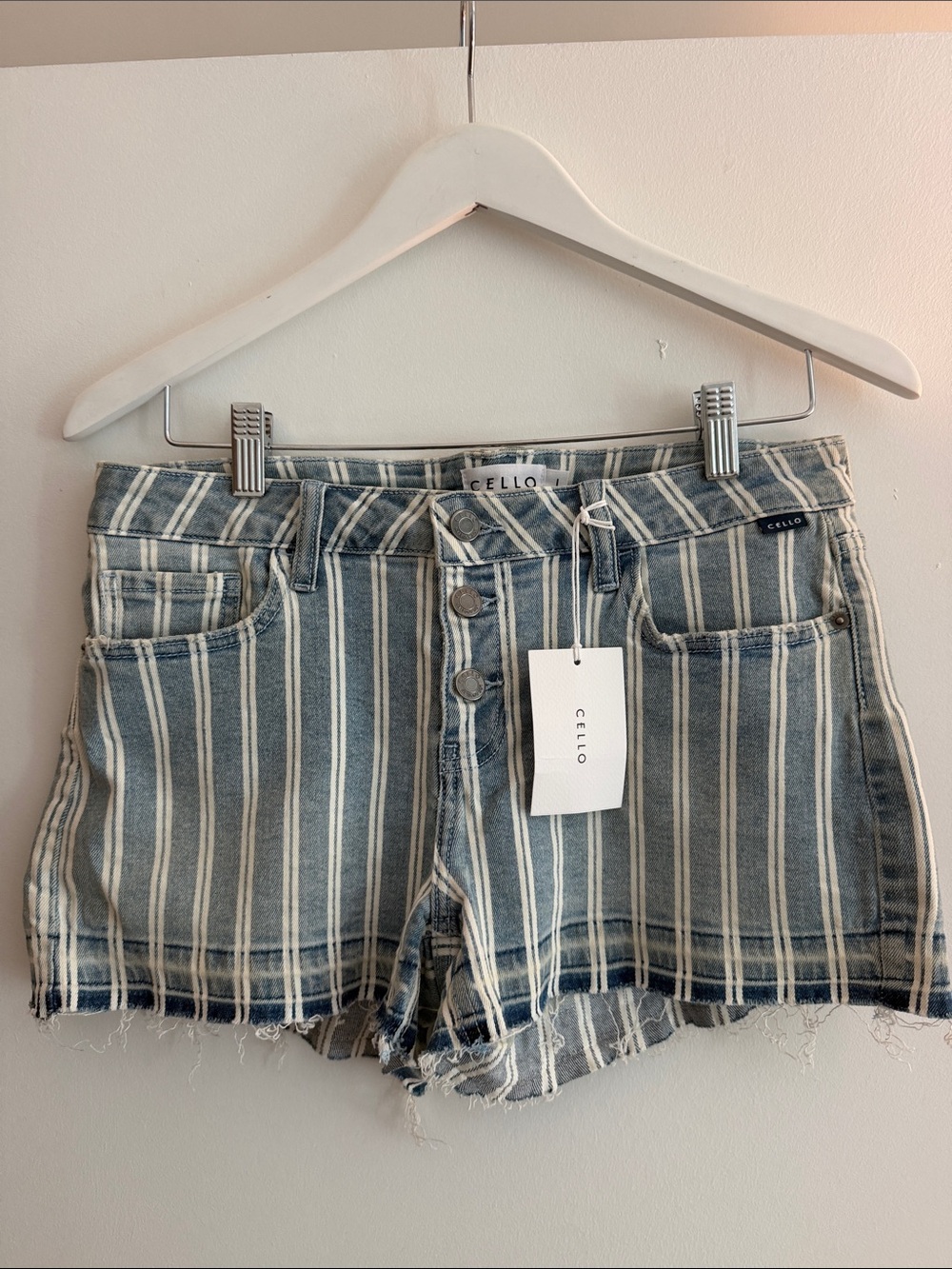 CELLO Blue & White Striped Button-Front Denim Shorts